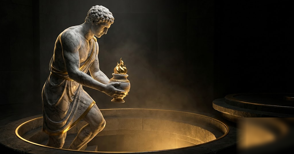 Prometheus in black and gold marble bringing a contained flame down into a sealed vault rather than out to the world, suggesting compute brought to the data, dramatic forge light, no text, no people i