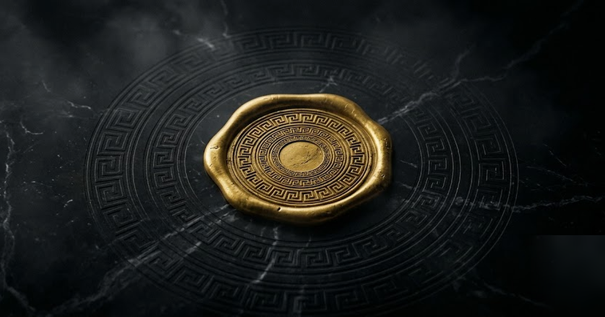 A single satin-gold wax seal pressed into a vast black marble wall, fine Greek-key pattern radiating outward like a signed audit record across the whole surface, cinematic macro light, void-black, no 