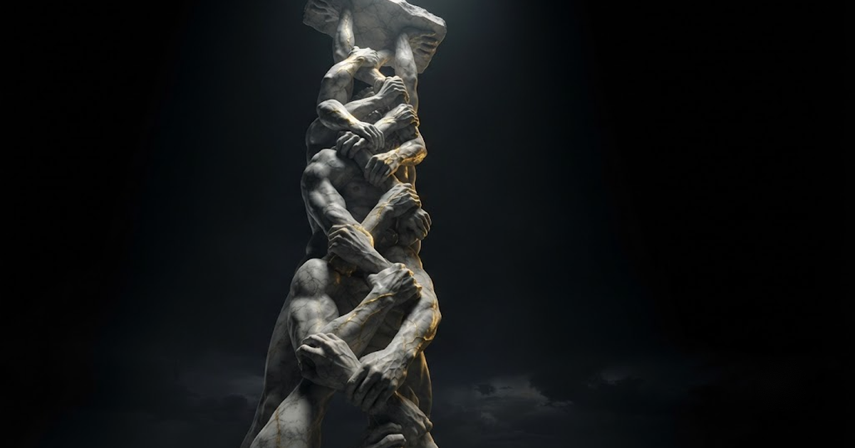 Briareus, his hundred arms locked into one vertical chain, each hand bearing the slab above it and gripping the wrist below it, in a void of pure black, satin gold light running down the strained tendons from hand to...