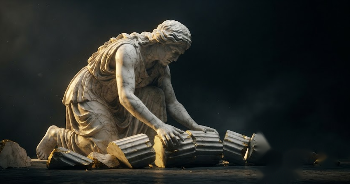 Calliope kneeling over scattered fragments of broken column, each one cut to a different measure, straining to press them into a single continuous line that will not close, in a void of pure black, satin gold light...