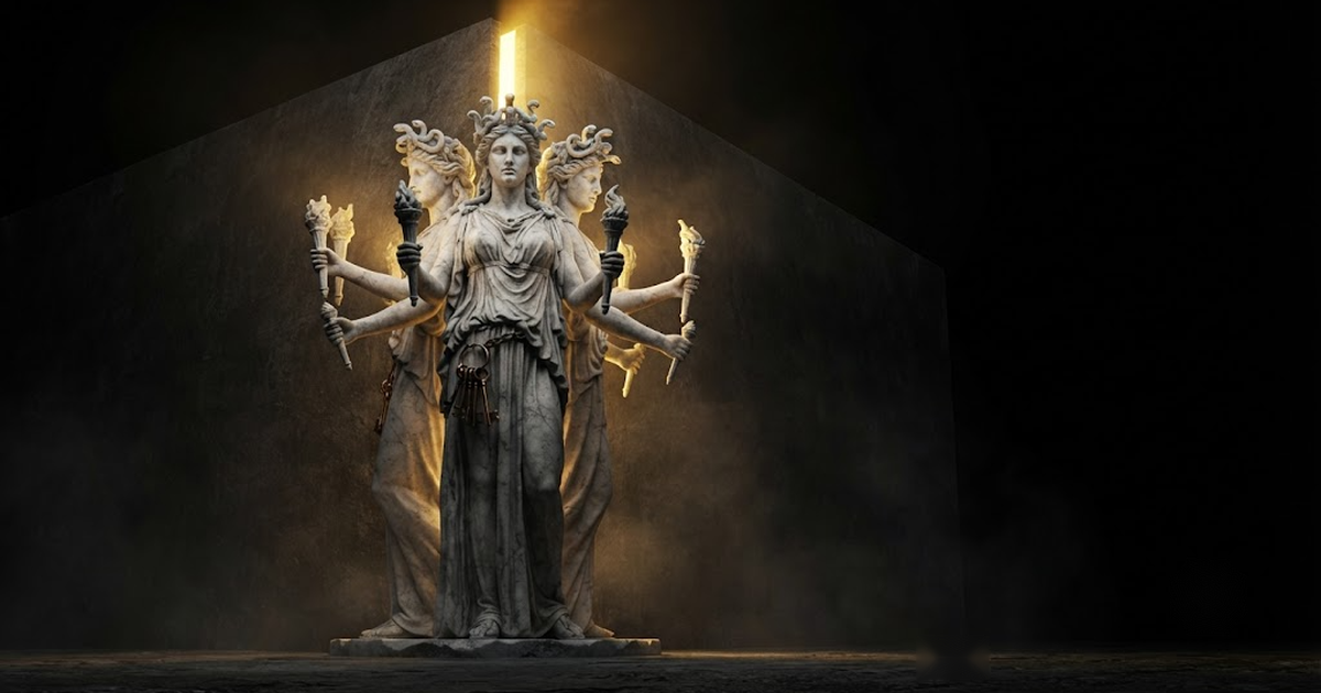 Hecate standing where three stone walls meet, twin torches lowered into the joint between them, heavy keys hanging at her hip, in a void of pure black, satin gold light spilling into the hairline gap and finding it...