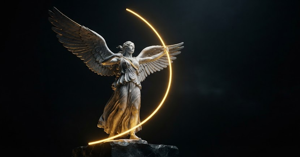 Iris, wings spread wide, drawing one unbroken arc of gold light from the ground at her feet to the height above her head, a single span carrying no join anywhere along it, in a void of pure black, satin gold light...