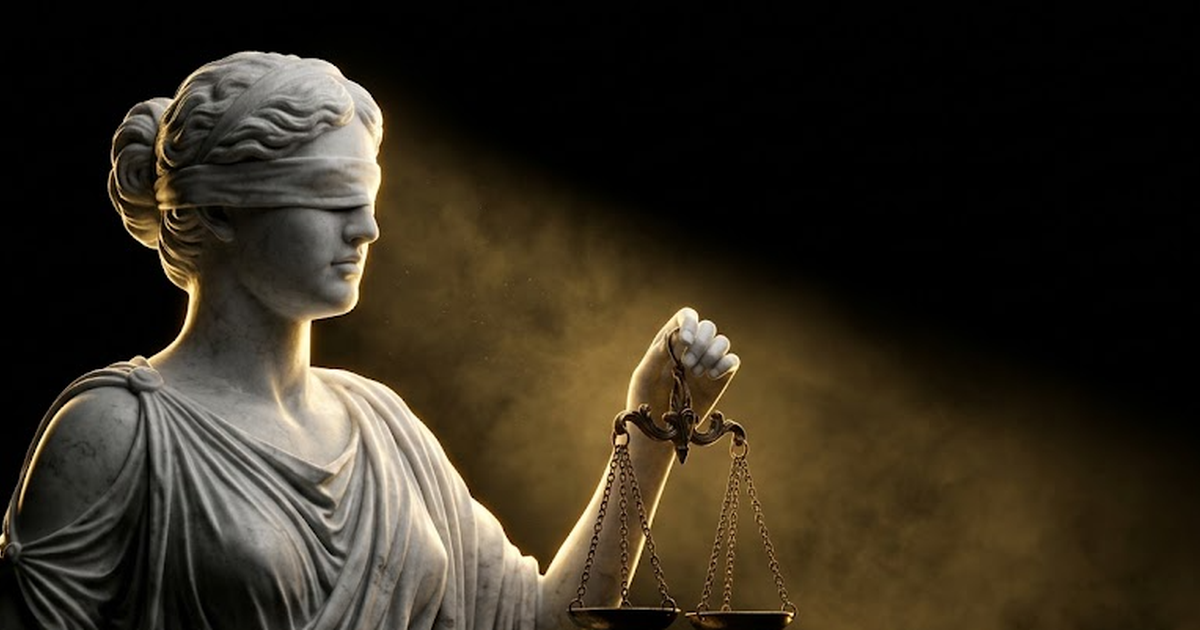 A marble bust of Themis holding scales, lit by hard gold rim light against pure void black, the scales themselves carved from bronze and catching a single shaft of light.