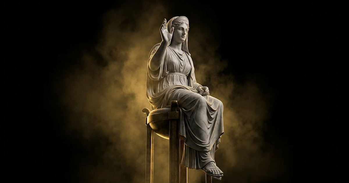 The Delphic Oracle seated on a marble tripod, half-shrouded in volumetric gold haze, one hand raised as if mid-pronouncement, the rest of the scene swallowed by dark negative space.