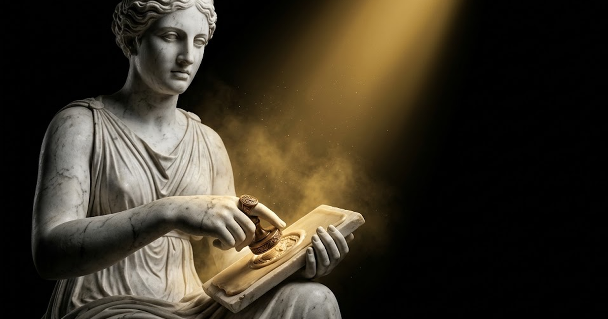 Mnemosyne, goddess of memory, carved in white marble pressing a wax seal into a tablet, gold light raking across the impression while everything around her falls into black.