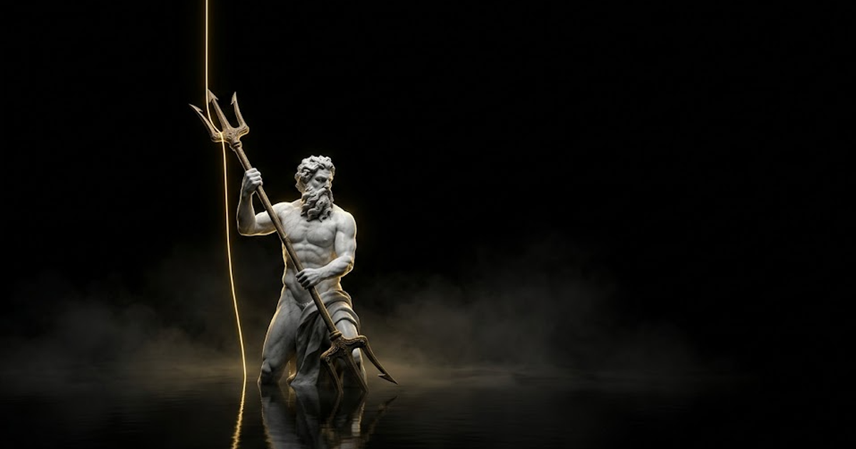 Poseidon standing waist-deep in still black water, trident driven down into the seabed as an anchor, a single gold cable of light running from the trident up into darkness, marble skin catching hard rim light.