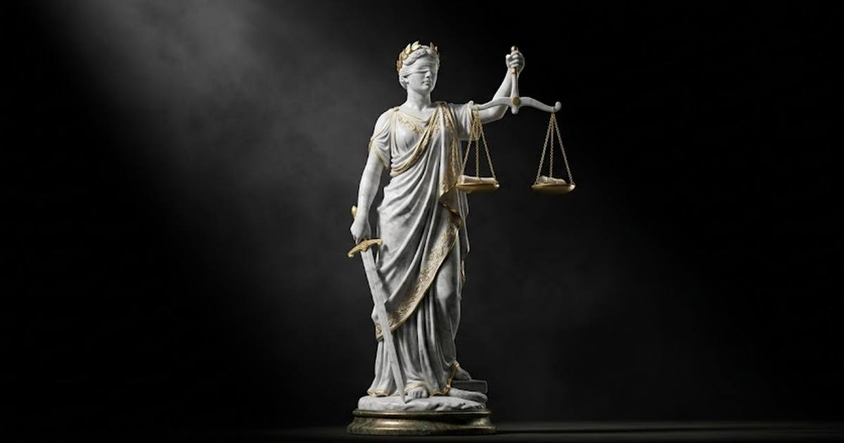 A carved white marble statue of Themis, goddess of law, holding perfectly level balanced scales, satin gold #D4AF37 highlights along the scale beam and her robes, aged bronze base, pure void black #05