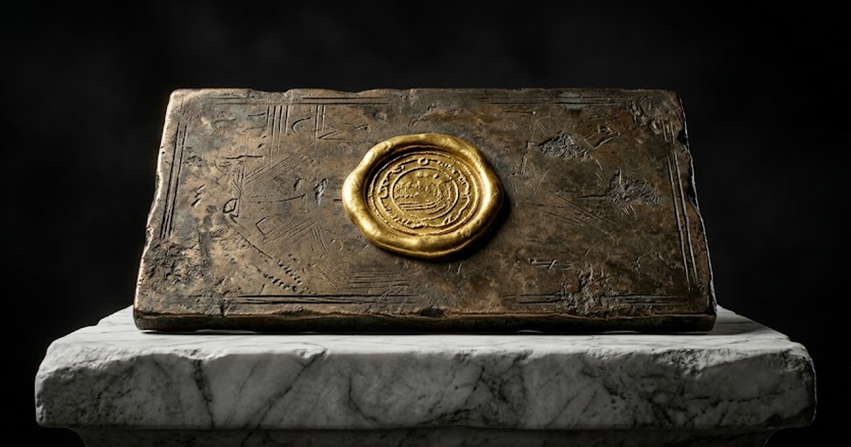 A single sealed bronze tablet resting on a marble plinth, a circular gold wax seal pressed at its centre catching the light, aged bronze surface with fine engraved grooves, pure void black #050505 bac