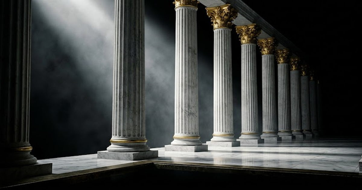 A grand classical marble colonnade receding into darkness, fluted white-to-grey columns with gilded capitals touched in satin gold #D4AF37, polished marble floor, aged bronze threshold, pure void blac