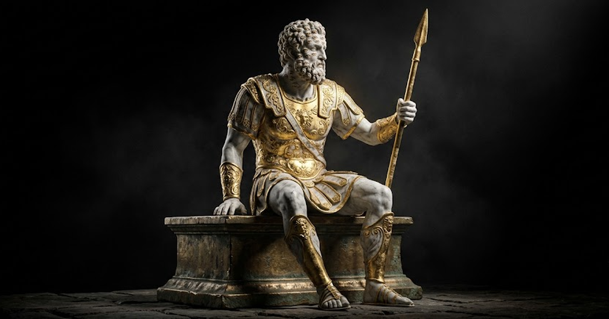 A gilded marble statue of Argus the all-seeing watchman, head turned in vigilance, surface rendered in satin gold #D4AF37 over white marble, aged bronze plinth, pure void black #050505 background, sin