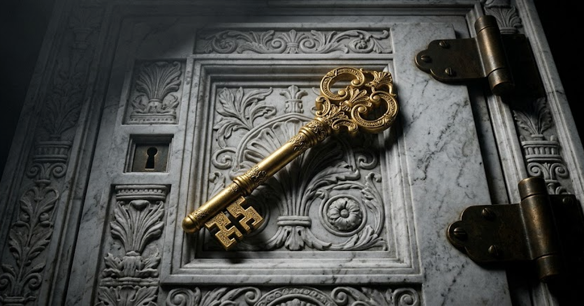 A single ornate gold key lying across a closed marble vault door, the key in satin gold #D4AF37, the vault carved in white-to-grey marble with aged bronze hinges, pure void black #050505 background, l