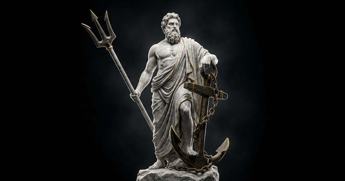 A carved marble statue of Poseidon standing firm with one hand resting on a heavy aged-bronze anchor, his trident and the anchor chain edged in satin gold #D4AF37, white marble torso and drapery, pure
