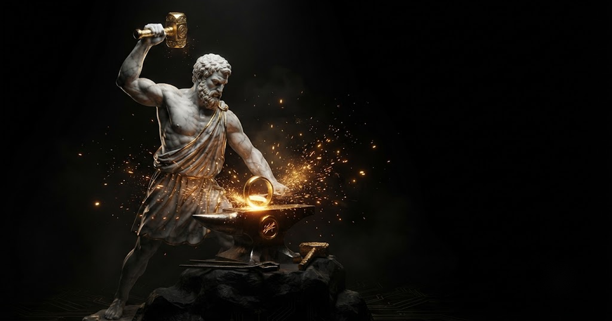 Hephaestus, evoking the cryptographic signing forged into every action at the moment it happens