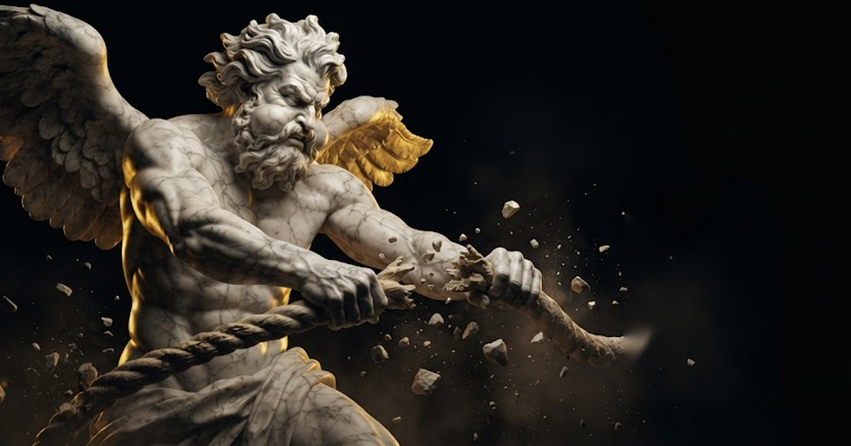 Boreas, cheeks swollen with the north gale, wrenching a thick stone hawser apart at its centre so the two severed ends whip away from his fists, in a void of pure black, satin gold light skidding along the torn...