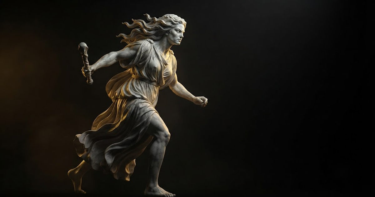 Alecto striding forward without pause, scourge raised and gaze fixed far ahead, one heel already lifting for the next step as though she has never once stopped and never will, in a void of pure black, satin gold...