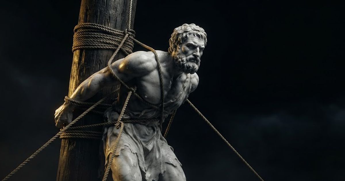 Odysseus lashed upright to a ship's mast by his own order, ropes biting deep into his chest as he leans hard against them yet does not break free, in a void of pure black, satin gold light glazing the strained cords...