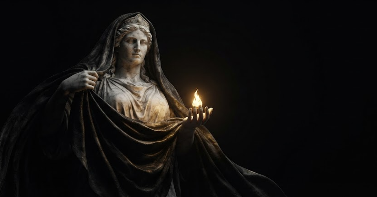Nyx drawing a heavy mantle of night closed around herself, one cupped hand holding a small steady flame that is the only light she is given and the only light she needs, in a void of pure black, satin gold light...