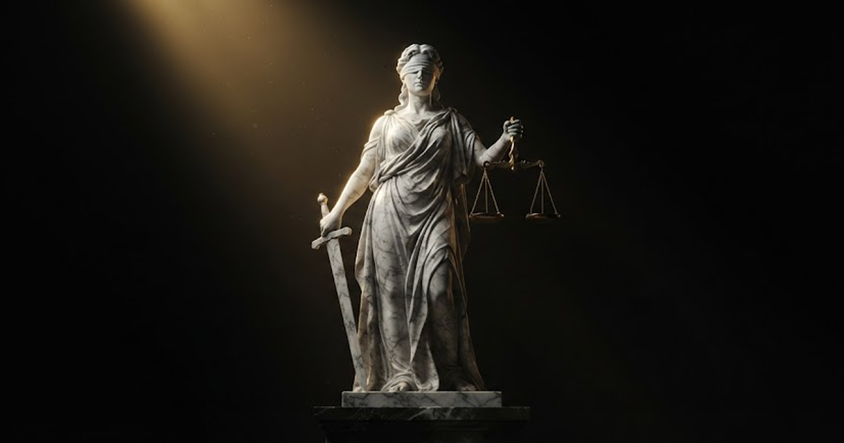 A colossal marble figure of Themis holding balanced scales, lit by a single gold shaft against a black void