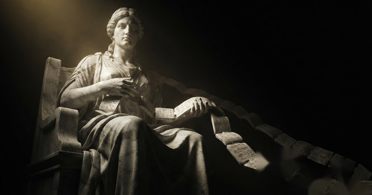 A colossal marble figure of Mnemosyne cradling an unbroken chain of tablets, lit by gold light in deep shadow