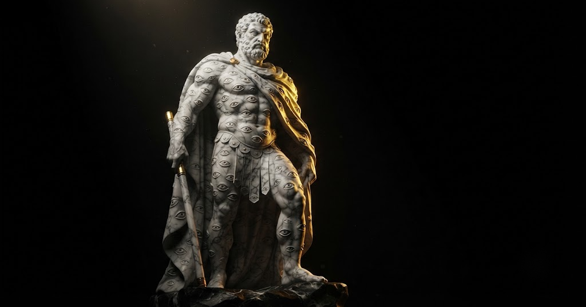 A colossal marble figure of Argus Panoptes covered in watchful eyes, half lit by gold light against blackness