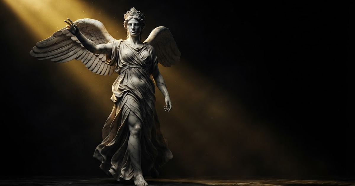 A colossal marble figure of Nemesis stepping forward with an outstretched hand of reckoning, lit by gold storm light