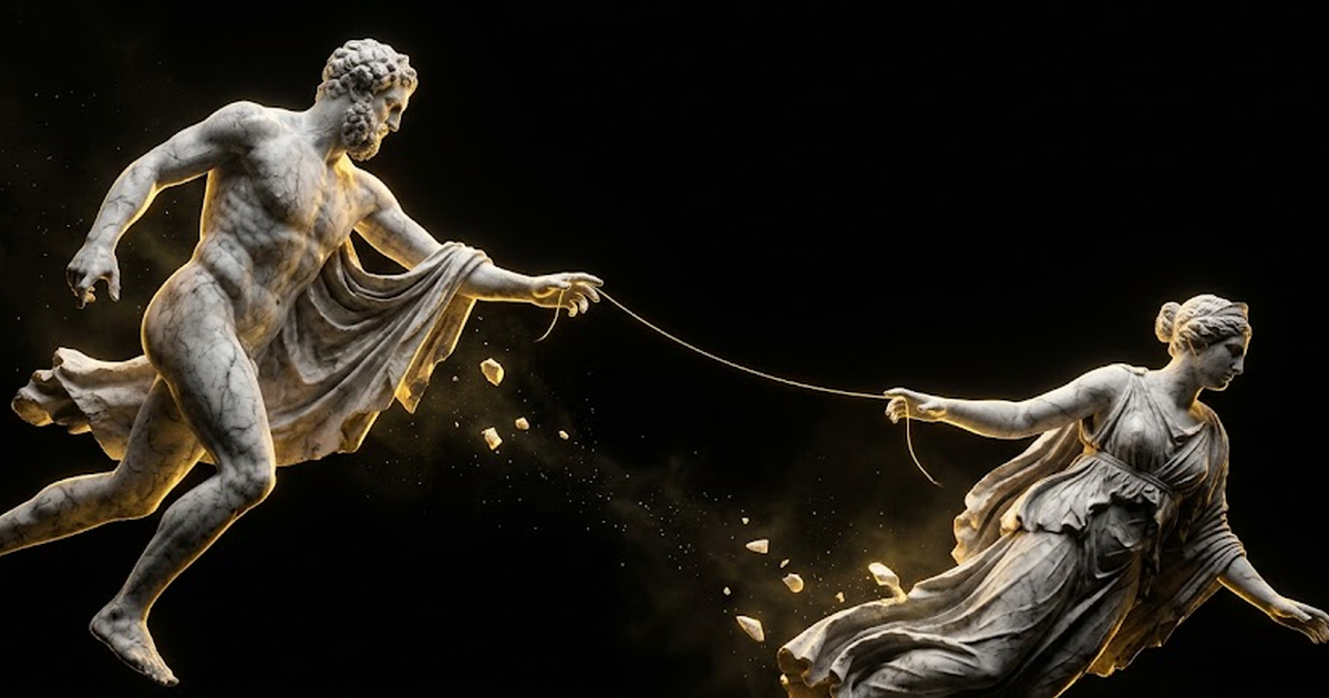 Two colossal marble titans drifting apart against a void-black cosmos, a thread of gold light stretching and thinning between their hands.