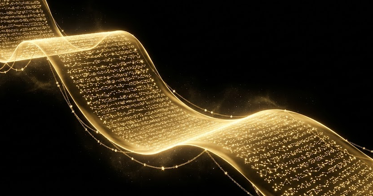 An immense golden ledger of light, each line a constellation, suspended in deep black space with chains of stars linking one entry to the next.