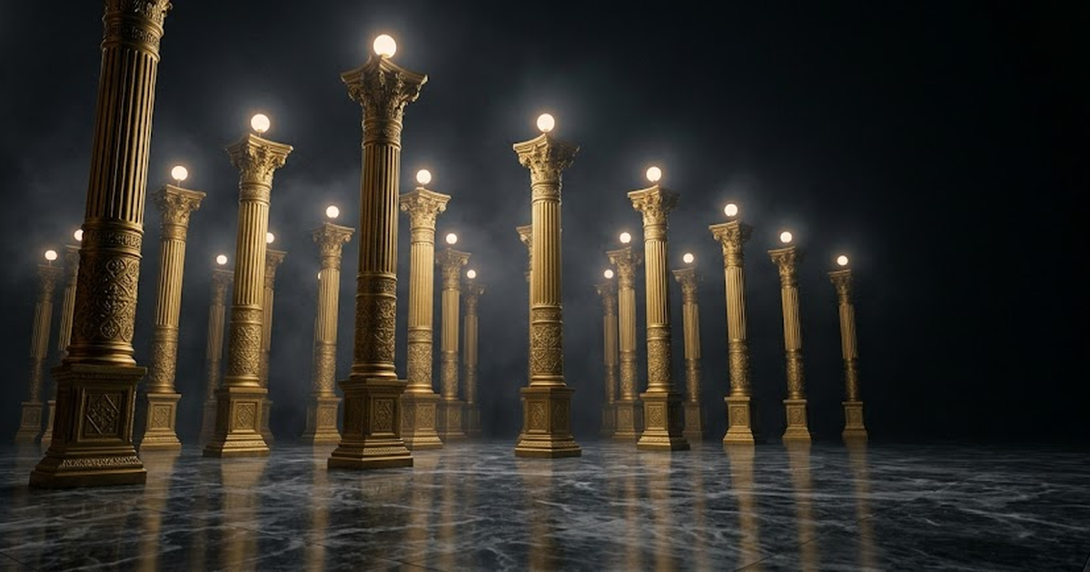 A pantheon of golden pillars rising from a dark marble floor, each pillar topped with a small sphere of light, arranged like an institution rebuilt as a temple of its own intelligence.