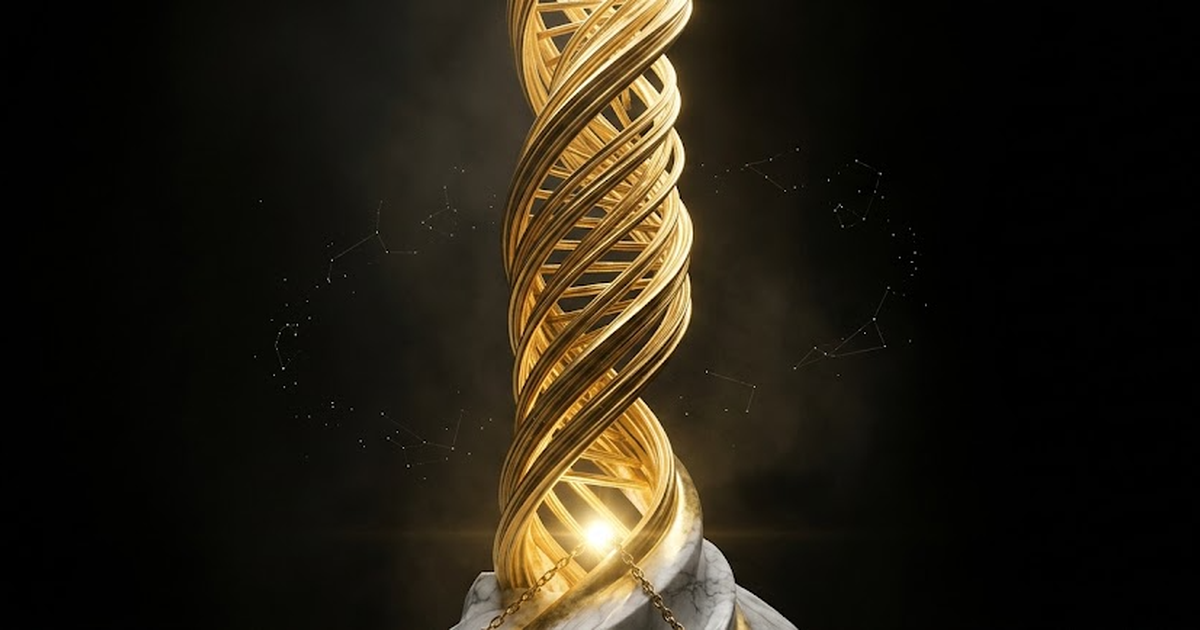 A monumental golden double helix of light rising like a pillar through a cosmic void, anchored at its base to a single bright fixed point as if chained to bedrock, faint constellations orbiting around it.