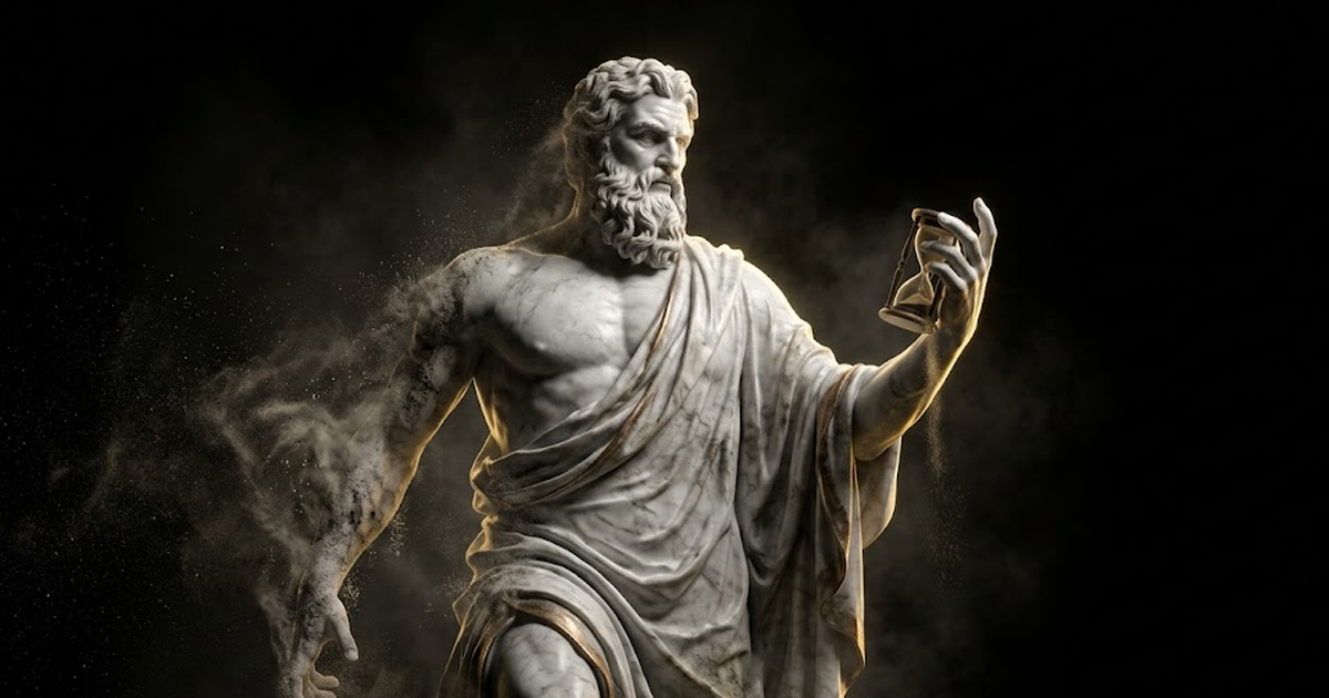 A marble figure of Chronos carved in white stone, one hand dissolving into dust at the edge while gold rim light catches the intact half, set against pure void black.