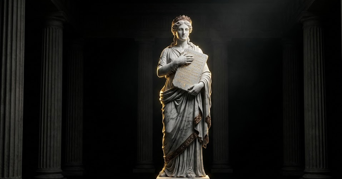 Mnemosyne, goddess of memory, carved in marble holding an unbroken tablet, gold light tracing the inscribed lines while the surrounding hall falls away into darkness.