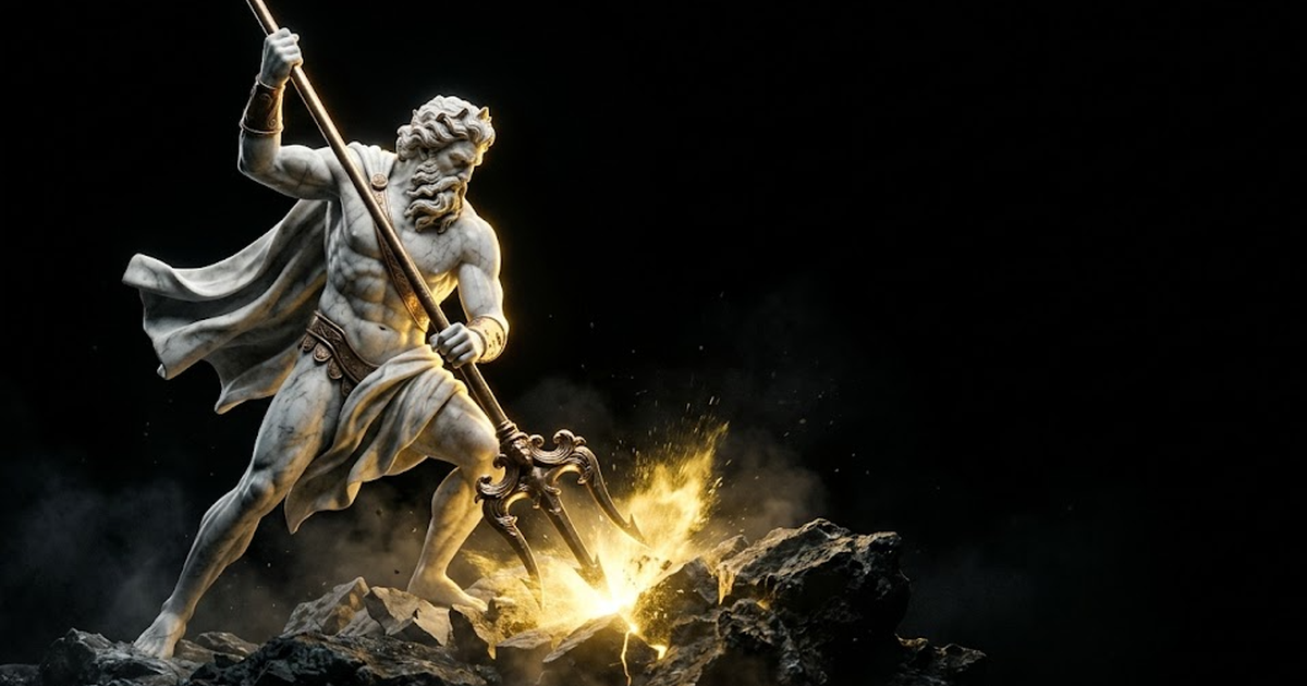 Poseidon carved in marble driving a trident into bedrock at the sea floor, gold light marking the point of impact, the surrounding water rendered as deep void black.