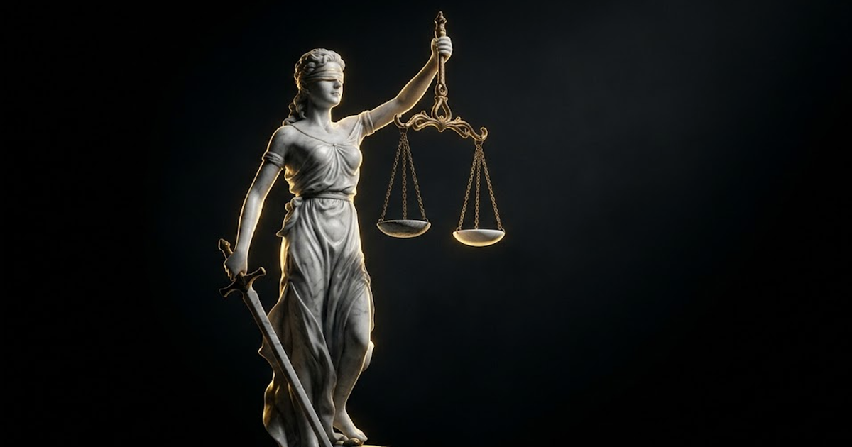 Themis carved in marble holding level scales, one pan resting on a fading inscription and the other on a freshly cut one, hard gold rim light across the blindfold against pure black.