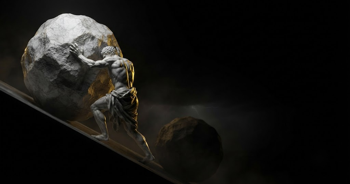 Sisyphus shouldering an immense boulder up a steep unseen slope while the shadow of that same stone already rolls back toward his heels, in a void of pure black, satin gold light raking across his straining spine and...