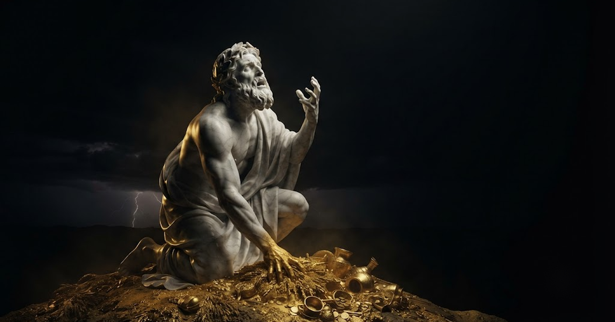 Midas kneeling with one gilded hand pressed into a heap of grain that hardens to metal beneath his touch, his other hand lifted in dawning horror, in a void of pure black, satin gold light spreading like a stain...