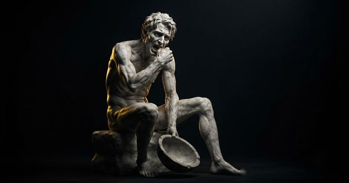 Erysichthon hollowed by unending hunger, gnawing at his own forearm while an empty stone bowl tips from his lap, mouth open toward nothing in a void of pure black, satin gold light catching every rib and the taut...