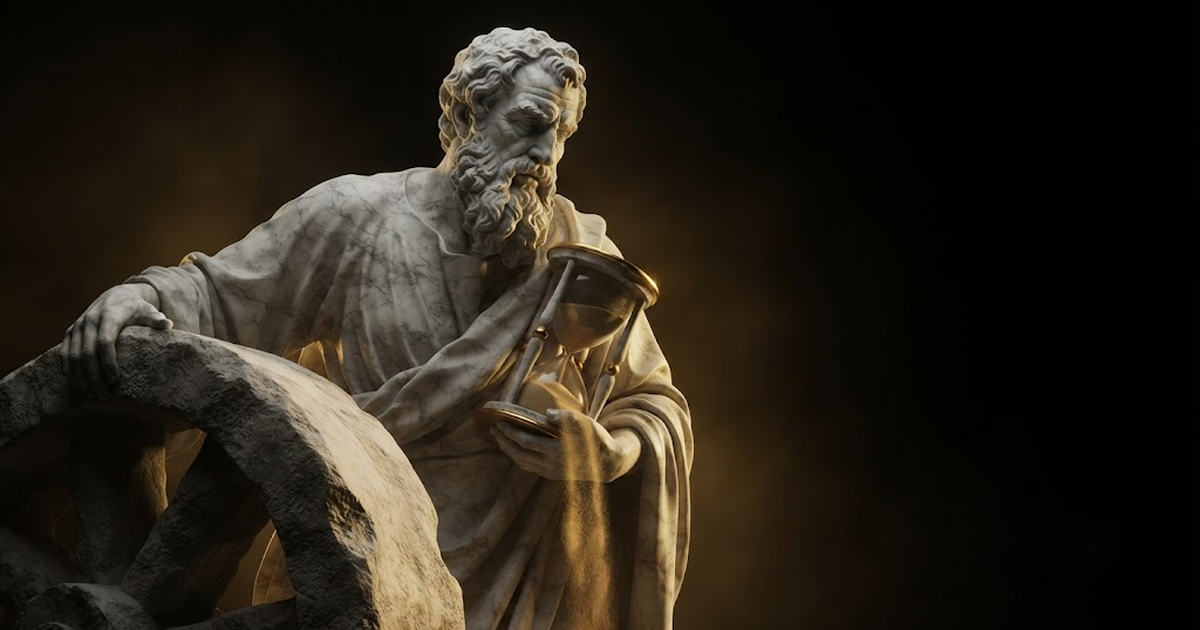 Chronos turning a vast stone wheel with slow deliberate hands while sand streams from a great hourglass cradled against his chest, in a void of pure black, satin gold light sliding along the falling sand and his...