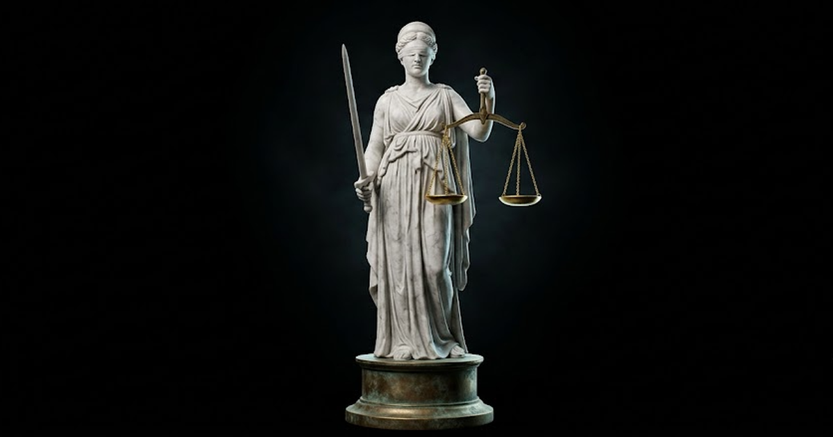 A single carved white marble statue of Themis holding perfectly balanced scales, satin gold #D4AF37 highlights catching the rim of each pan, aged bronze base, set against a pure void black #050505 bac