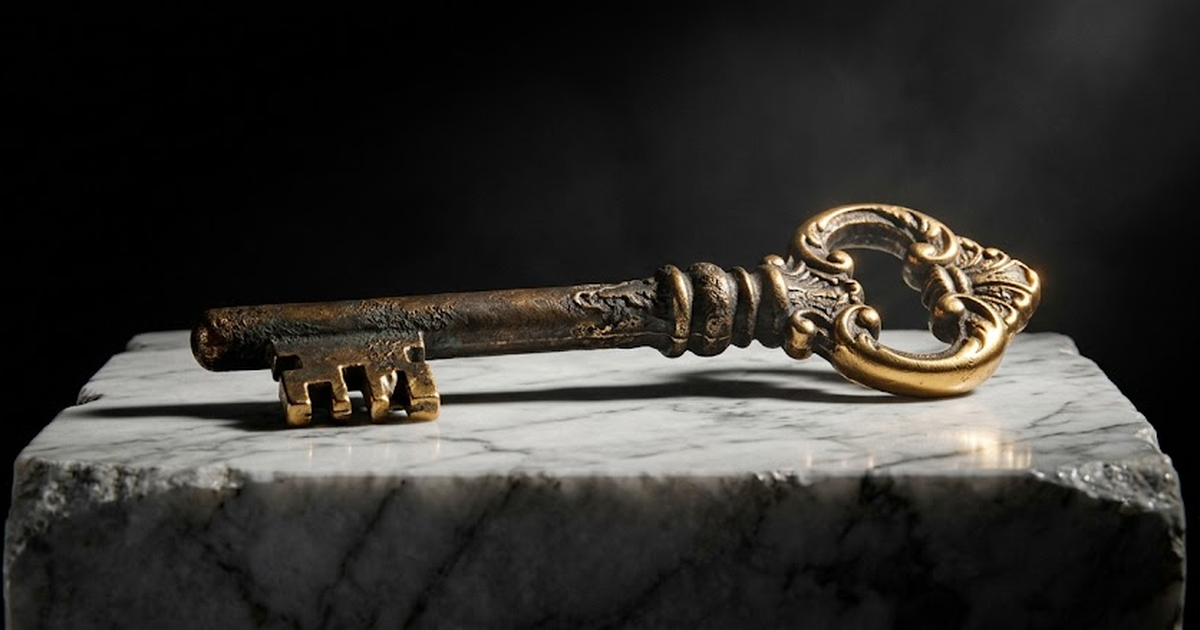 A single heavy bronze key resting on a smooth marble plinth, satin gold #D4AF37 sheen along its bow and teeth, aged bronze patina, deep void black #050505 background, dramatic single-source light, ult