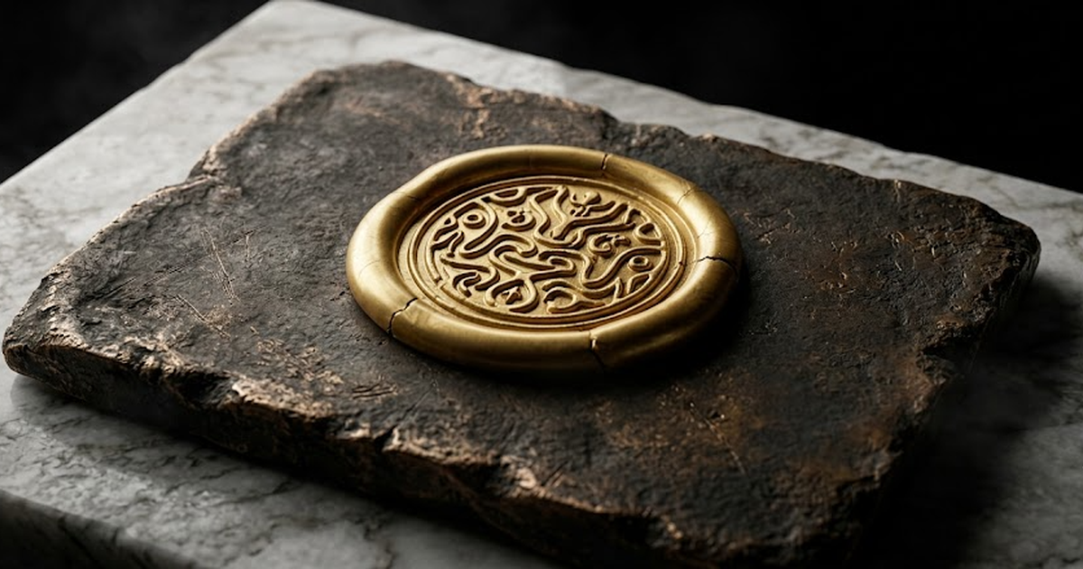 A sealed bronze tablet pressed with a single round gold wax seal, satin gold #D4AF37 wax, white-to-grey marble surround, aged bronze edges, pure void black #050505 background, intimate close-up, photo