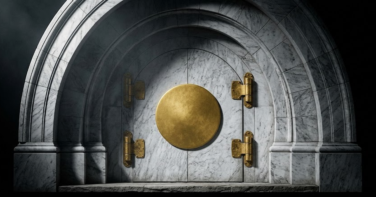 A single closed marble vault door set into a classical arch, satin gold #D4AF37 fittings and a central gold disc, aged bronze hinges, white-to-grey marble masonry, pure void black #050505 background, 