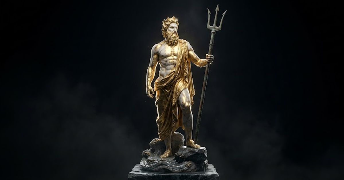 A gilded marble statue of Poseidon standing with a trident planted like an anchor, satin gold #D4AF37 gilding over white marble, aged bronze trident, deep void black #050505 background, grand cinemati