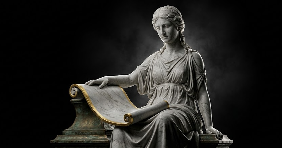 A carved marble statue of Mnemosyne resting one hand upon an open marble scroll, satin gold #D4AF37 leaf along the scroll's edge, aged bronze plinth, isolated on a pure void black #050505 background, 
