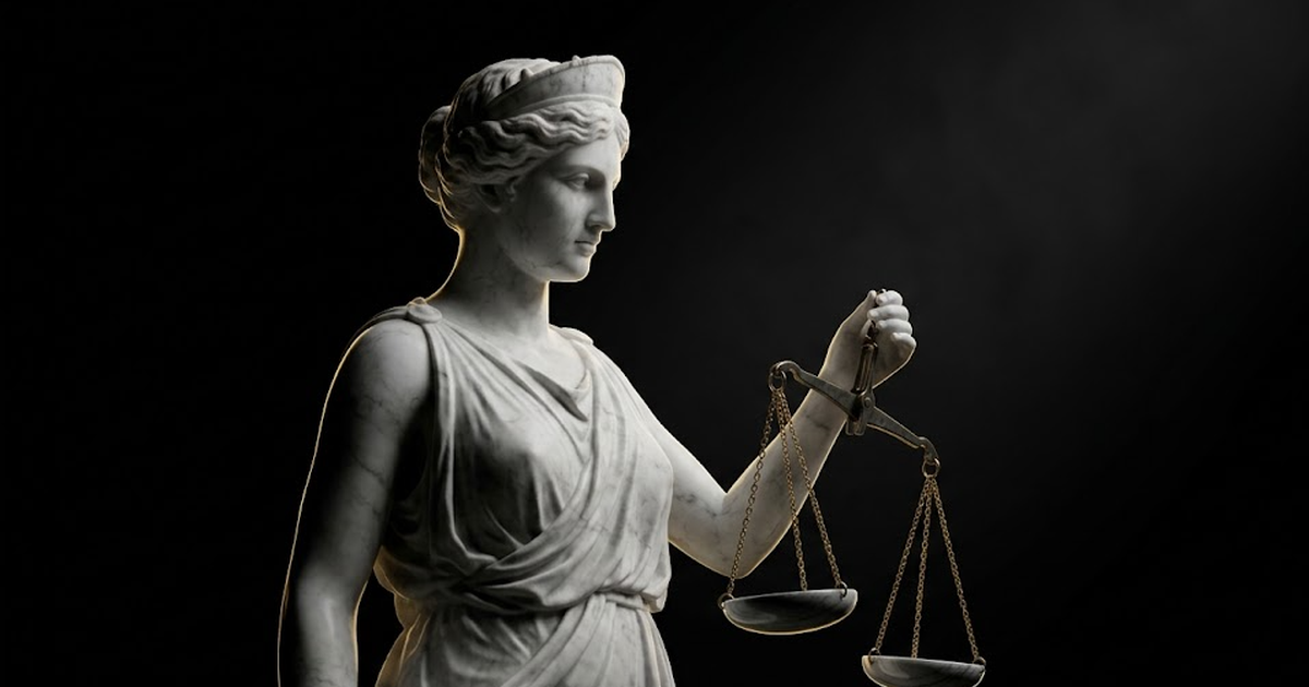 A carved marble figure of Themis holding empty scales in a void of black and gold, the pans tilting because nothing can be placed on them to weigh.