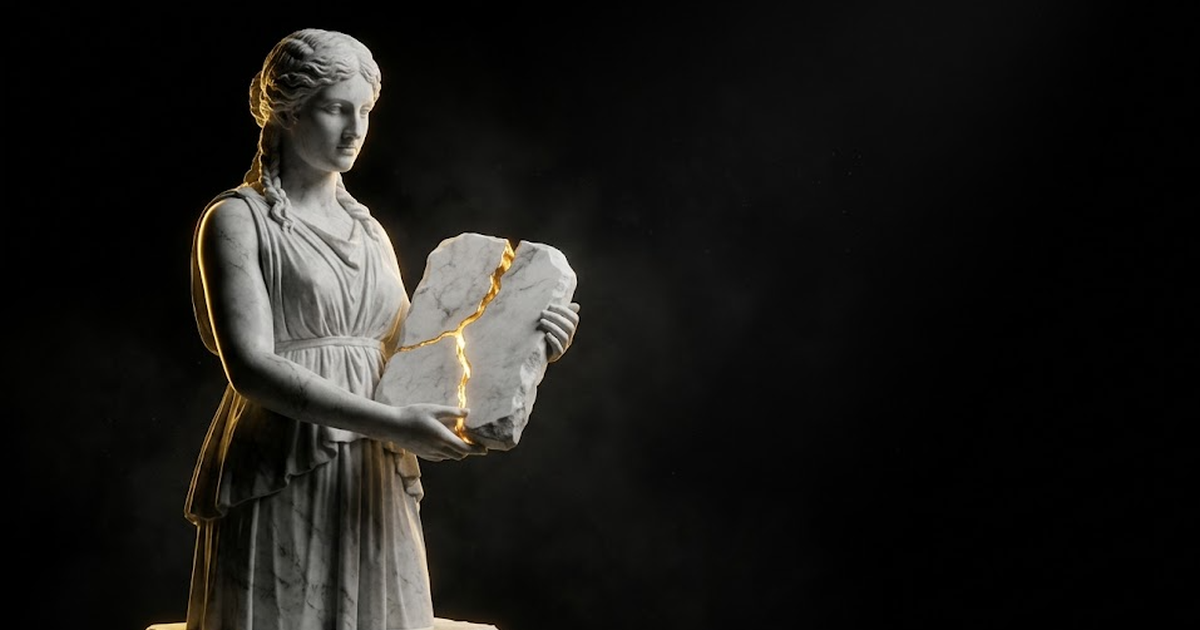 Mnemosyne, goddess of memory, carved in white marble, holding a sealed tablet that glows with gold light along a fracture line that has set permanently rather than healed.