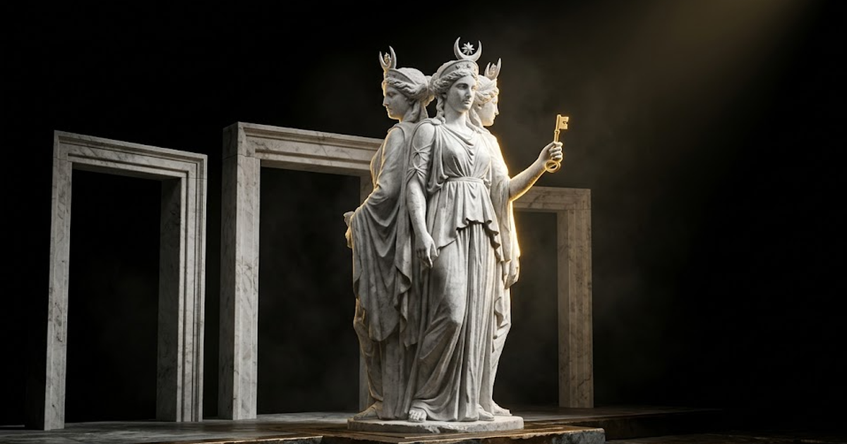 Hecate standing at a threshold of three carved marble doorways, holding a single gold key, hard rim light catching the key against deep darkness on either side.