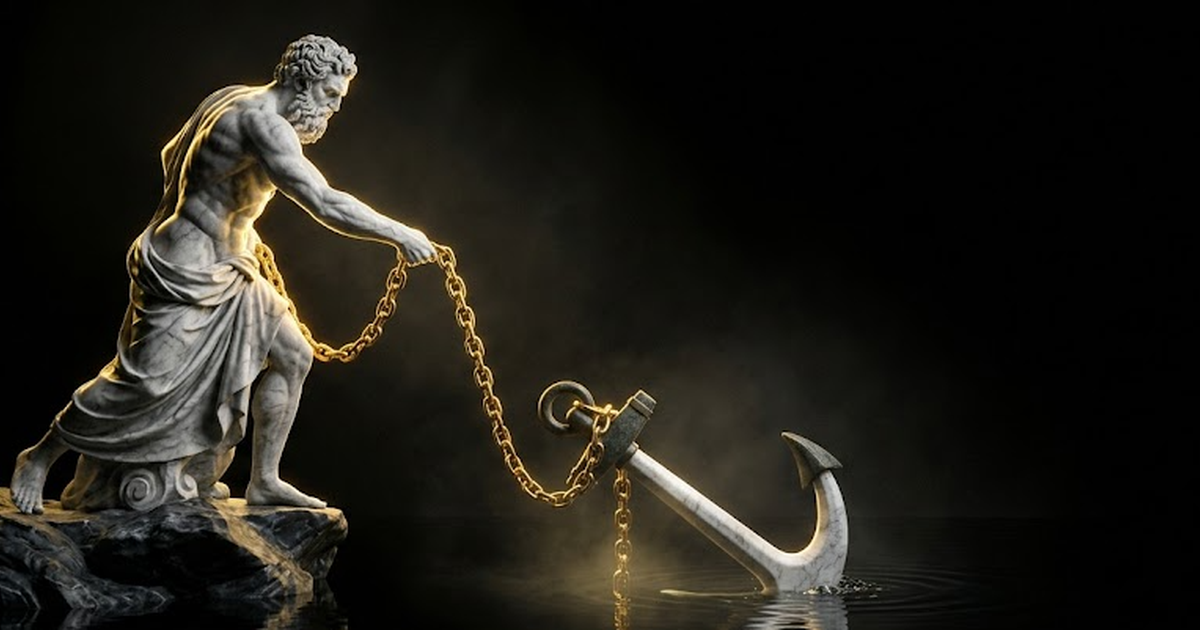 Poseidon in carved marble lowering a great anchor into still black water, gold rim light along the chain, the anchor settling into permanence below.