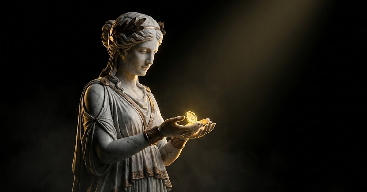 Mnemosyne, goddess of memory, carved in white marble, cupping a single glowing gold seal in her palms amid volumetric haze