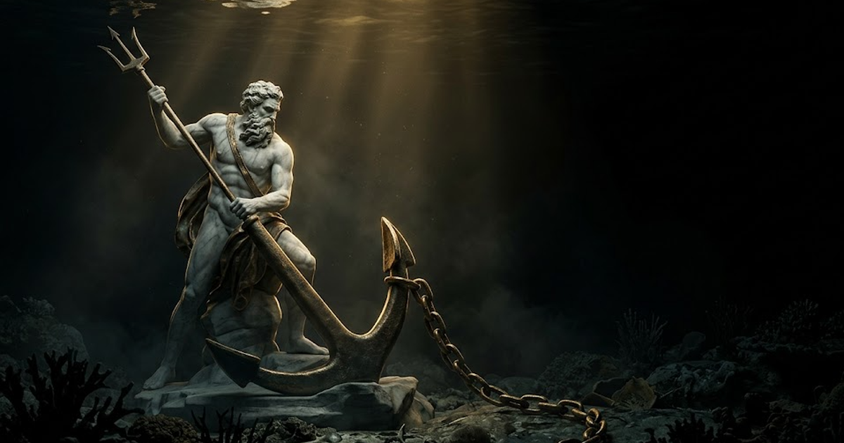 Poseidon driving a great bronze anchor into stone beneath a dark sea, gold rim light catching the chain, deep negative space around him