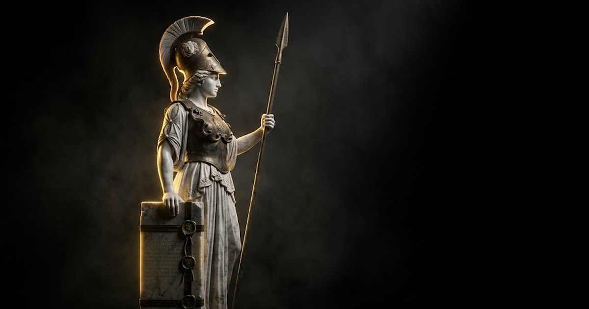 Athena standing in profile, marble and bronze, one hand resting on a sealed tablet that glows with faint gold light, vast dark space behind her
